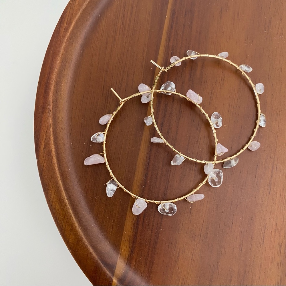 4/$15 Pink Crystal Stones Wired Gold Hoop Earrings